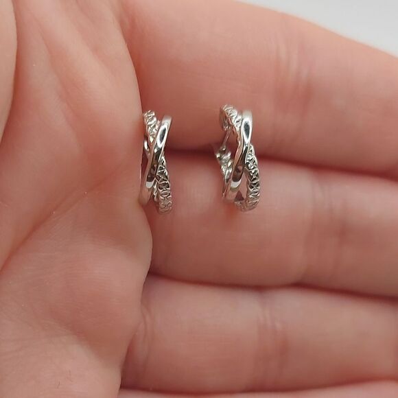 Platinum Plated Criss Cross 925 Sterling Silver Huggies Earrings - Picture 6 of 11